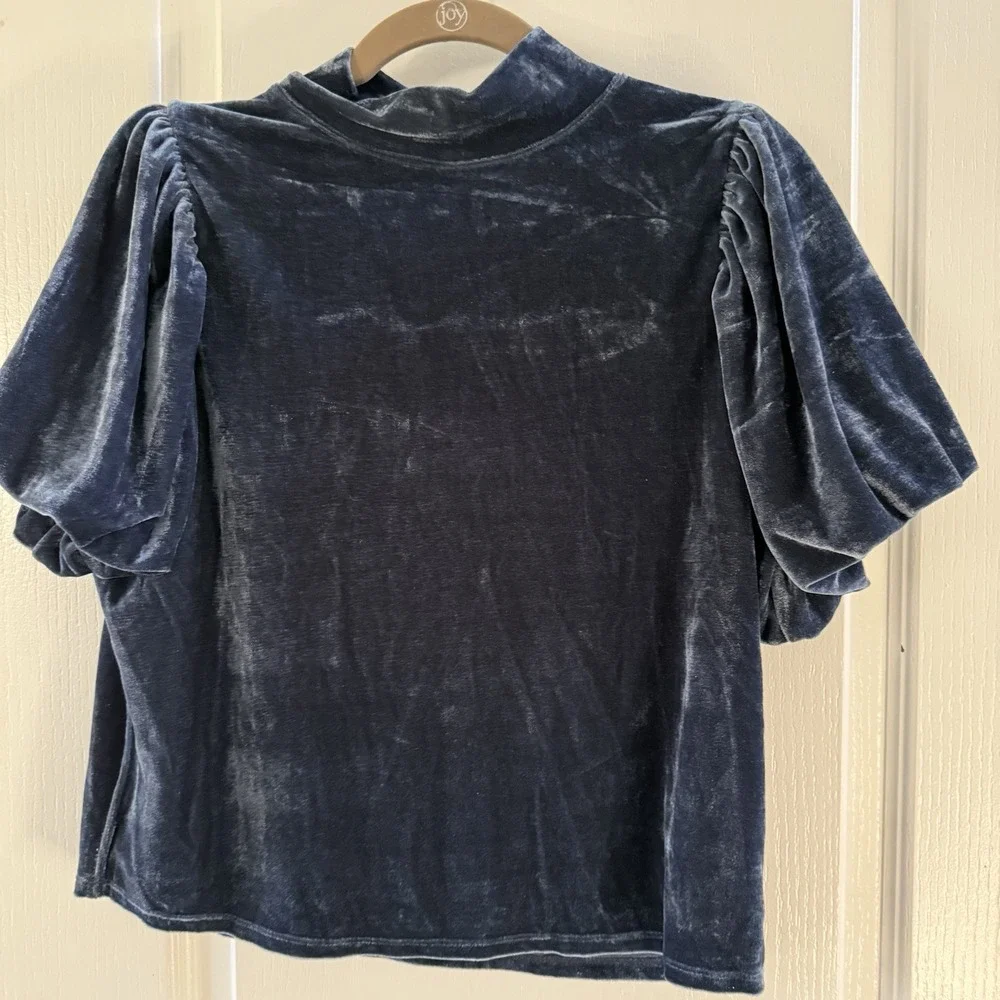 FREE PEOPLE Velvet Knit Claudia Top Womens S Puff Sleeve Boho Fairy Country Blue
